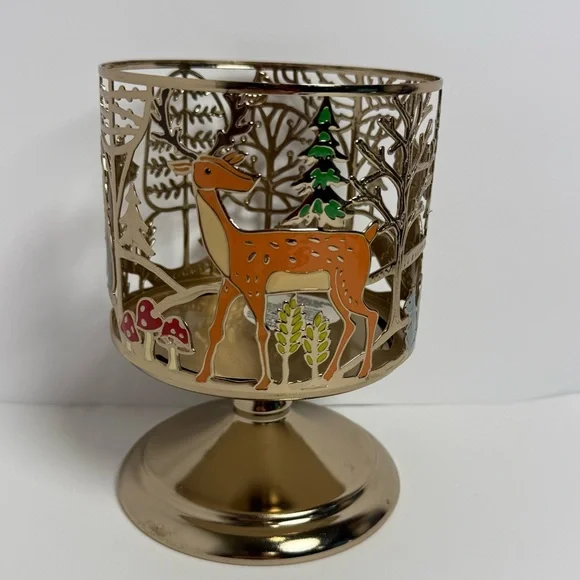 Bath & Body Works 3-Wick Candle Holder Pedestal Gold Fox Bear Deer Nature Animal - Picture 2 of 6